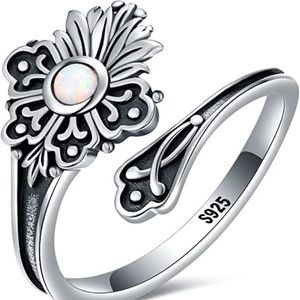 S925 Sterling Silver Spoon Ring for Women - Cross Turquoise Lotus Moonstone